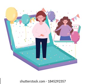 online party, couple connected with smartphone laptop meeting festive vector illustration