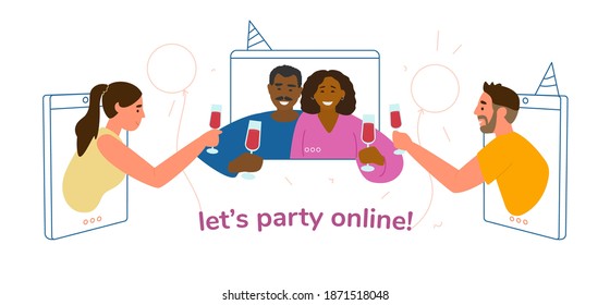 Online Party During Quarantine Concept Vector Illustration. Happy People Of Different Ethnicity Clinking Glasses Of Wine From Smartphones And Tablet.