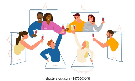 Online Party During Quarantine Concept Vector Illustration. Happy People Of Different Ethnicity Clinking Glasses Of Wine From Smartphones And Tablets.