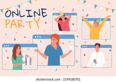 Online party flat poster with people having fun together during video call vector illustration