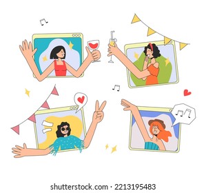 Online party. Four girls communicate and have fun on a video call. The concept of rest and celebration. Vector stock illustration in flat style on white background.