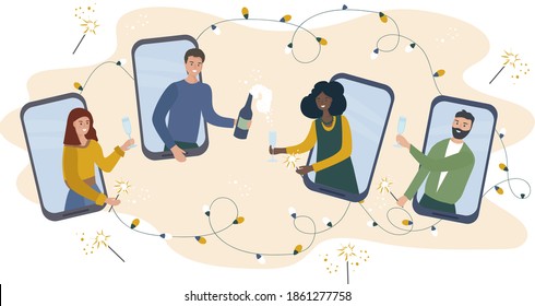 Online party. Friends celebrate, have fun and drink wine in video chat on smartphones. During the quarantine people celebrate important events and holidays remotely. video call. vector flat card