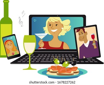 Online Party With Friends Communicating Via Video Chat From Different Gadgets, EPS 8 Vector Illustration