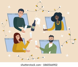 Online party. Friends drink wine, have fun in video chat. Each person goes on the Internet from his laptop. People in quarantine celebrate important events and holidays remotely. Video call. vector