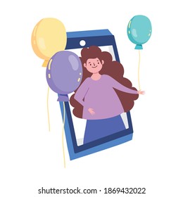 online party, girl video smartphone balloons decoration meeting celebration vector illustration