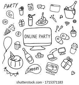 Online Party Icon Set. Online Party, Birthday Celebration During Quarantine. Doodle Icons. Hand Drawn Vector Illustration