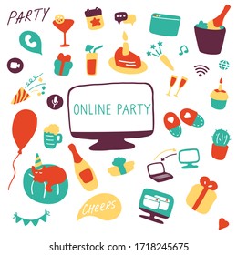 Online Party Icon Set. Doodle Celebration Signs. Hand Drawn Flat Vector Illustration