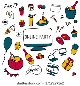 Online party icon set. Doodle celebration signs. Hand drawn flat vector illustration