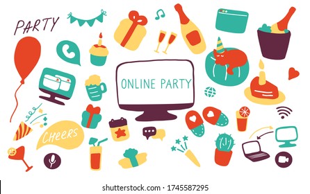 Online party icon set. Doodle celebration signs. Hand drawn flat vector illustration