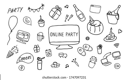 Online party icon set. Doodle celebration signs. Hand drawn vector illustration