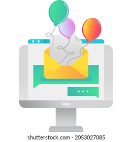 Online Party Invitation Icon. Vector Computer With Festive Email Containing Balloons Isolated On White Background. Virtual Celebration And Greeting Service. Happy Birthday Congratulation