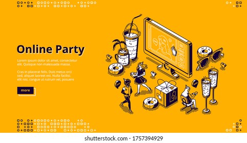 Online Party Isometric Landing Page, Friends Celebrate Virtual Birthday Via Video Call Conference During Covid19 Quarantine. Tiny People Around Huge Computer Desktop, 3d Vector Line Art Web Banner