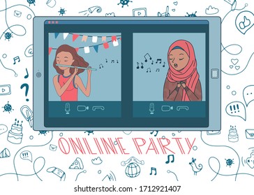 Online party with kid playing flute and girl in hijab singing a song. Live stream from people sit at home during covid-19 quarantine. Doodle background. Vector. Hand drawn