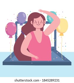 online party, laptop screen dancing woman with balloons celebration vector illustration
