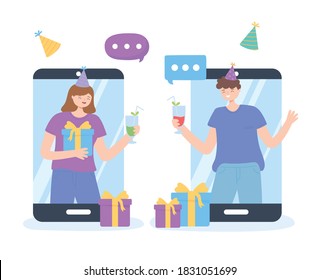 online party, man and woman in smartphone connection celebrating meeting vector illustration