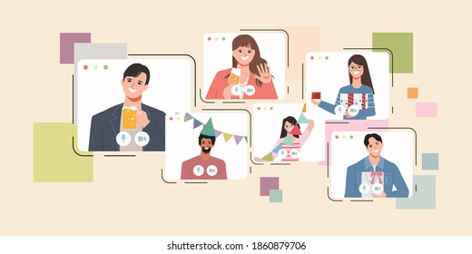 Online Party People In Celebrating Concept And Isolation Virtual Meeting Concept Portrait Horizontal Vector Illustration.