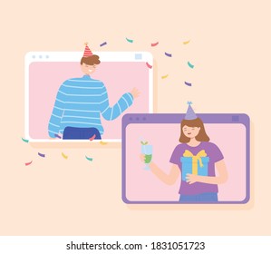 online party, people at an online quarantine party vector illustration