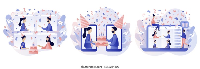 Online Party. Quarantine Birthday. Self-isolation Party. Tiny People In Festive Hats Celebrating Online Birthday Party. Modern Flat Cartoon Style. Vector Illustration On White Background