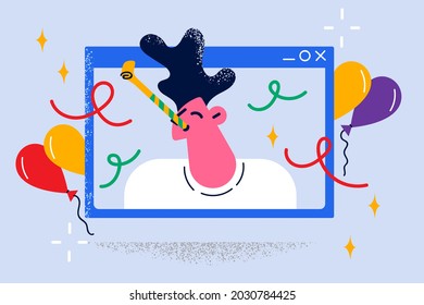 Online party and remote celebration concept. Face of young smiling man boy looking from laptop screen celebrating holiday with balloons online during video conference vector illustration 