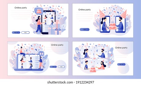 Online party. Self-isolation party. Tiny people celebrating Quarantine birthday. Screen template for mobile smart phone, landing page, template, ui, web, mobile app, poster, banner, flyer. Vector