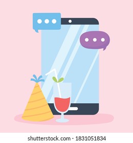 Online Party Smartphone Cocktail Hat Talk Bubbles Vector Illustration