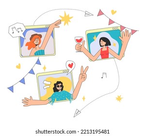 Online party. Three girls communicate and have fun on a video call. The concept of rest and celebration. Vector stock illustration in flat style on white background.