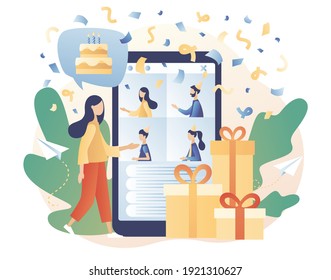 Online party. Tiny girl celebrating online birthday party use smartphone app. Quarantine birthday. Self-isolation party. Modern flat cartoon style. Vector illustration on white background