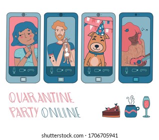 Online party or video conference with people working from home during coronavirus outbreak. Vector illustration with pets, pie, tea, wine and girl playing ukulele.