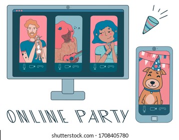 Online party or video conference with people working from home during coronavirus outbreak. Online call on the computer. Vector illustration with pets, pie, tea, wine and girl playing ukulele.