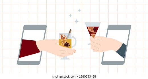 Online party, virtual meeting concept. Celebrate Christmas remotely, drink mulled wine through video chat. New 2021 year during quarantine. Video call during self isolation. Vector flat illustration