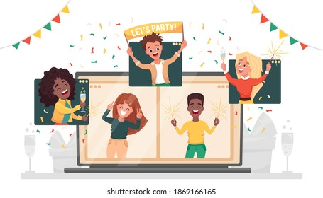 Online party. Virtual New Year company party. Diverse people dancing and chatting celebrating the holiday via video call. Friends meeting up online. Vector cartoon flat illustration 