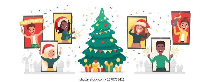 Online party. Virtual New Year company party. Diverse people celebrating Christmas eve via video call with decorations, gifts and Santa hats. Friends meeting up online. Vector cartoon illustration 