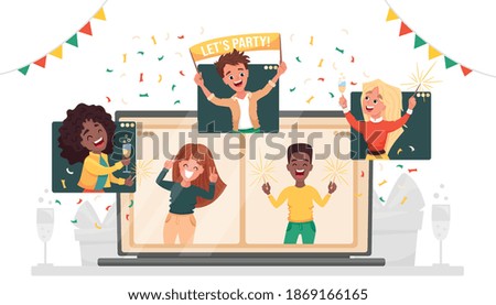 Online party. Virtual New Year company party. Diverse people dancing and chatting celebrating the holiday via video call. Friends meeting up online. Vector cartoon flat illustration 