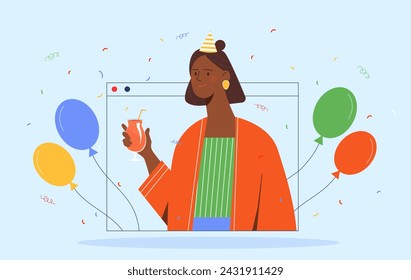 Mujer de fiesta en línea. Chica joven en sombrero y beber cerca de globos de colores. Conferencia en redes sociales y videollamada. Evento y vacaciones. Ilustración de vector plano de dibujos animados aislado sobre fondo azul