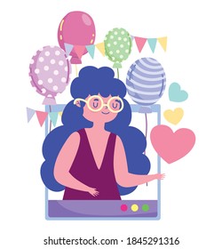 online party, young woman in website balloons bunting decoration vector illustration