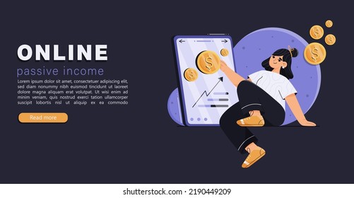Online passive income concept. Banner with woman getting coins money through mobile phone, earning or making money concept. Vector illustration in flat cartoon style.