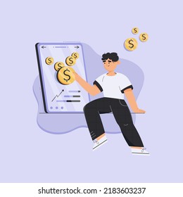 Online passive income concept. Man getting coins money through mobile phone, earning or making money concept. Vector illustration in flat style.