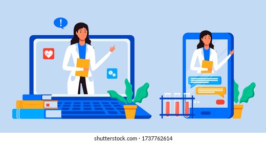 Online patient medical consultation and support chat set. Online doctor mobile app messenger. Healthcare services, Ask a doctor. Family doctor on the laptop and phone screen.  Tele medicine banner.