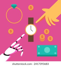 Online Pawnshop. Artificial intelligence works in a pawn shop. Flat vector illustration.