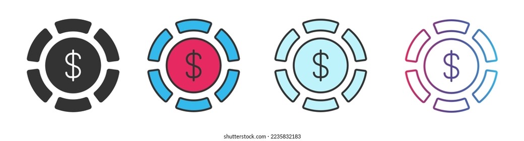 Juego de iconos de estilos diferentes de pago en línea. Signo de contorno y vector relleno.