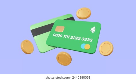 Online pay money bank transfer via Credit or Debit card with coins floating on Purple background. Financial currency transactions system auto payments, cartoon minimal, Eps 10 vector. 3d illustration