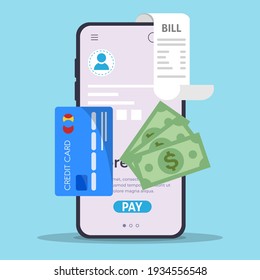 Pagando en línea la cuenta con tarjeta de crédito en el smartphone