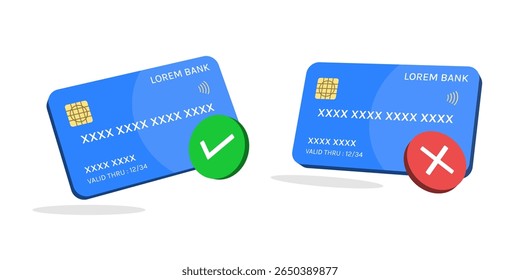 Online Payment 3D Illustration Set Featuring Isometric Credit Cards with Approval and Decline Symbols
