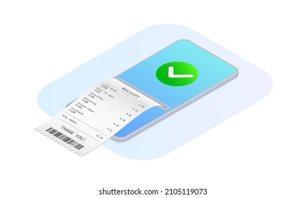 Online payment. 3d Mobile phone with receipt or bill. Smartphone pay concept. Isometric electronic invoice. Vector illustration.