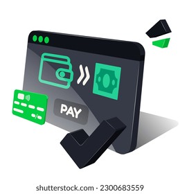 Online-Zahlung. 3D-Bildschirm-Modell der Geldbörse, Bankkarte. Vektorgrafiken auf weißem Hintergrund