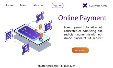 Online payment app isometric website template.Transfer money from card.Concept of mobile wallet app. Isometric image of smartphone and credit card on a white background. Webpage, app design.