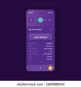Plantilla vectorial de interfaz de smartphone de la aplicación de pago en línea. Diseño de tema oscuro de la página de la aplicación móvil. Pantalla Estado de transacción. Interfaz de usuario plana para la aplicación. Detalles de transferencia de dinero en la pantalla telefónica