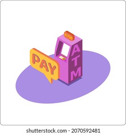 Online payment. ATM mockup and credit card. Payment button. 3d isometric vector illustration. Popular flat colors.