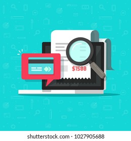 Online payment audit analyzing on computer vector illustration, pay bill research on laptop concept, financial transaction accounting verification concept, tax or banking control flat cartoon icon