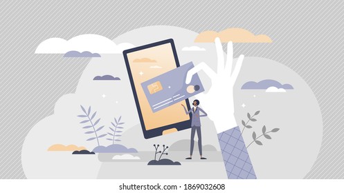 Online payment with bank card as contactless checkout method tiny person concept. Mobile, secure and digital money transaction for purchase in e-commerce using smart bank terminal vector illustration.